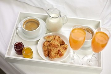 Image showing close up of breakfast on tray in bed