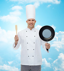 Image showing happy male chef holding frying pan and spatula