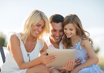 Image showing happy family with tablet pc taking picture