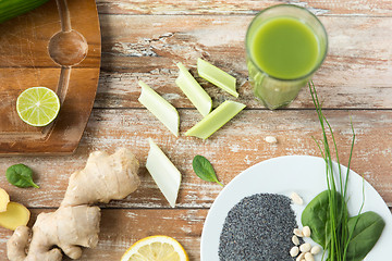 Image showing close up of super food ingredients on wooden table