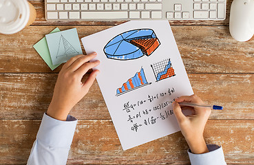 Image showing close up of hands solving task or writing equation