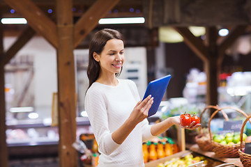 Image showing happy woman with basket and tablet pc in market