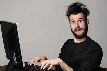 Image showing Funny and crazy man using a computer