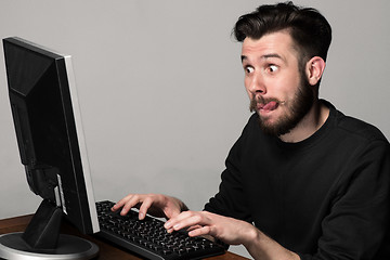 Image showing Funny and crazy man using a computer