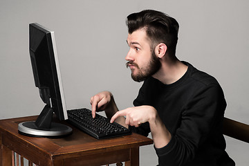 Image showing Funny and crazy man using a computer