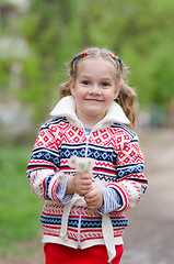 Image showing Portrait girl with a bouquet white dandelions in the hands of