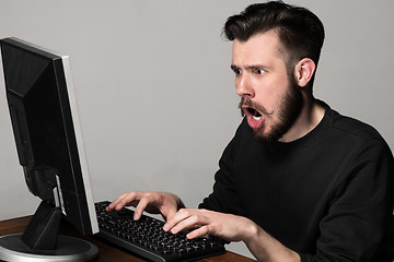 Image showing Funny and crazy man using a computer