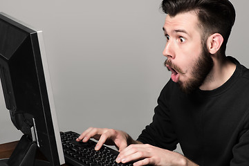 Image showing Funny and crazy man using a computer