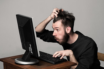 Image showing Funny and crazy man using a computer