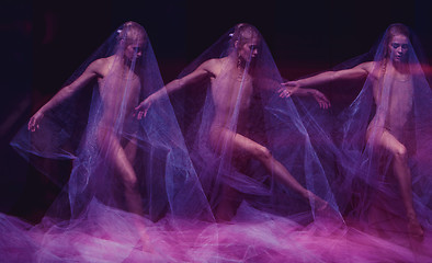 Image showing sensual and emotional dance of beautiful ballerina through the veil 