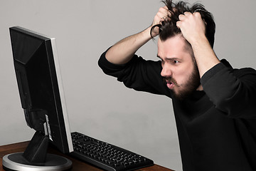 Image showing Funny and crazy man using a computer