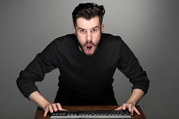 Image showing Crazy businessman sitting at table