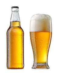 Image showing wet beer bottle and glass