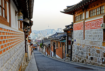 Image showing Bukchon Hanok historic district in Seoul at sunset