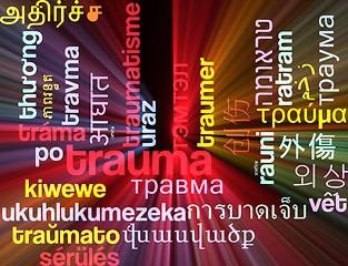 Image showing Trauma multilanguage wordcloud background concept glowing
