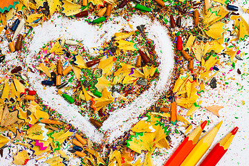 Image showing heart, multicolored pencils and varicolored shavings