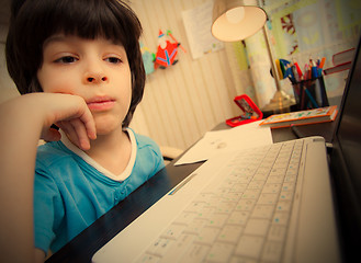 Image showing distance learning, preschool child with computer