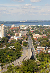 Image showing Downtown Hamilton with lake.