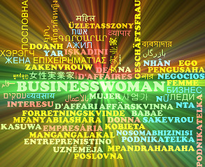 Image showing Businesswoman multilanguage wordcloud background concept glowing