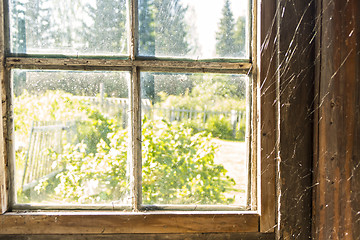 Image showing Old window with spiderweb 