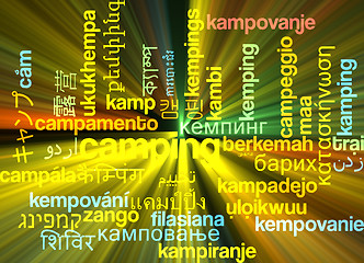 Image showing Camping multilanguage wordcloud background concept glowing