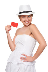 Image showing Summer woman showing credit card with copy space