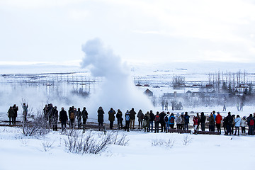 Image showing Visitors at the geyser erruption of Strokkur, Iceland