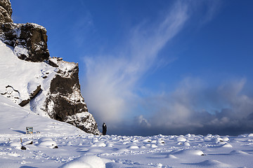 Image showing Snowy mountain landscape in Reynisfjara, South Iceland