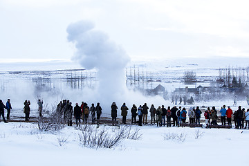 Image showing Visitors at the geyser erruption of Strokkur, Iceland