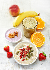 Image showing Healthy breakfast ingredients, top view