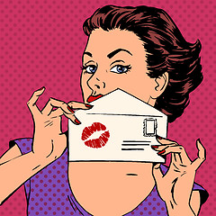 Image showing girl with envelope for letter and kiss lipstick pop art 