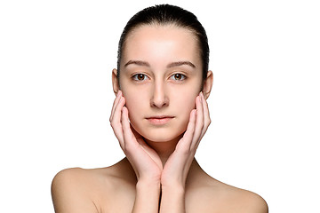 Image showing Portrait of beautiful girl stroking her face with healthy skin 