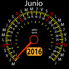 Image showing 2016 year calendar speedometer car in Spanish, June. 