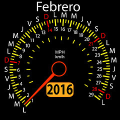 Image showing 2016 year calendar speedometer car in Spanish, February. 