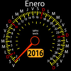 Image showing 2016 year calendar speedometer car in Spanish, January. 