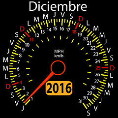 Image showing 2016 year calendar speedometer car in Spanish, December. 