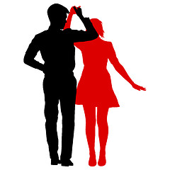 Image showing Black silhouettes Dancing on white background. 