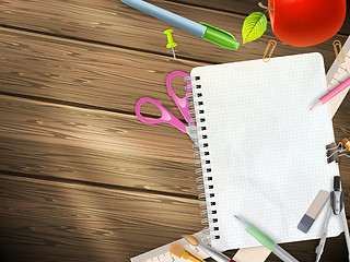 Image showing School supplies on wooden background. EPS 10