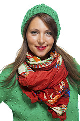 Image showing Cute sexy young woman in a green winter outfit