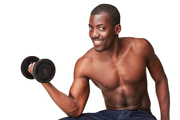 Image showing Strong and muscular guy with dumbbell isolated on white background