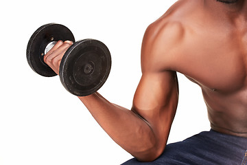 Image showing Strong and muscular guy with dumbbell isolated on white background