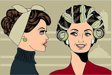 Image showing Woman with curlers in their hair talking with her friend