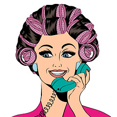 Image showing Woman with curlers in their hair talking at phone, isolated on w