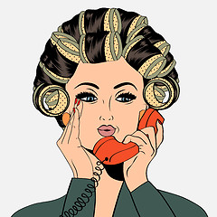 Image showing Woman with curlers in their hair talking at phone, isolated on w