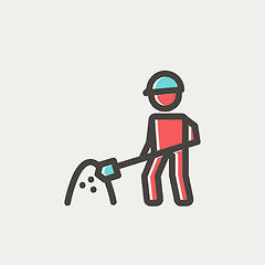 Image showing Worker with hard hat and shovel in building site thin line icon