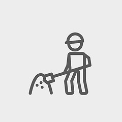 Image showing Worker with hard hat and shovel in building site thin line icon