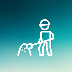 Image showing Worker with hard hat and shovel in building site thin line icon