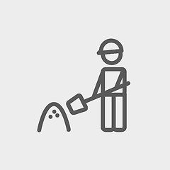 Image showing Man with shovel and sand thin line icon