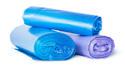 Image showing Multicolored rolls of plastic garbage bags