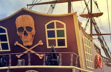 Image showing A fragment of the stern of a pleasure ship with a pirate logo.